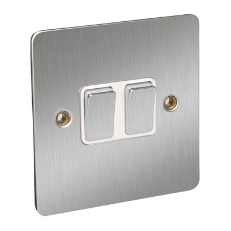 Flat Plate 10Amp 2 Gang 2 Way Switch *Satin Chrome/White Insert - Click Image to Close